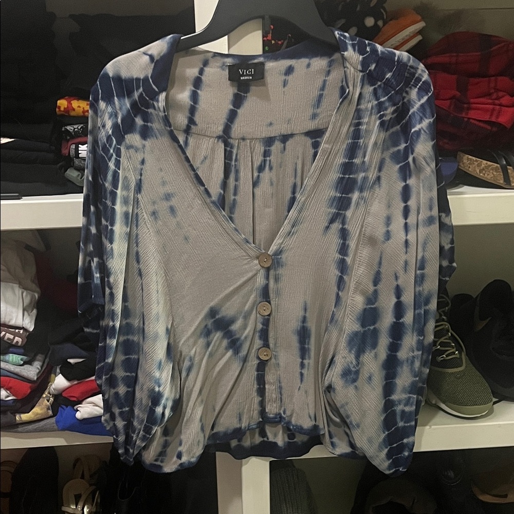 Vici Navy and White Tie-Dye Blouse